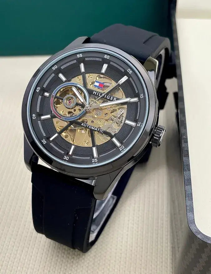 Tommy Hilfiger Watch Automatic Premium Quality Full Black Rubber Strap Watch